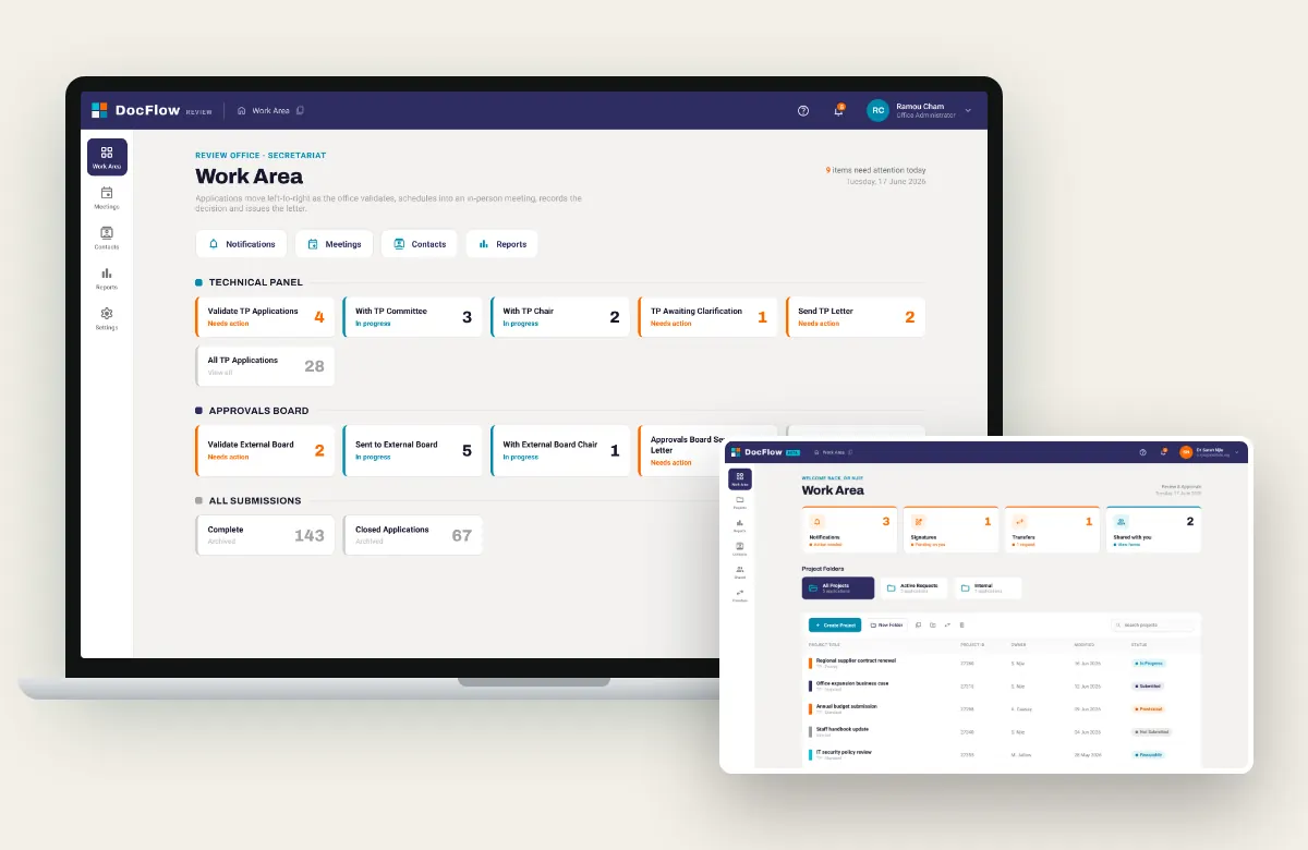 Document review and approvals management screens