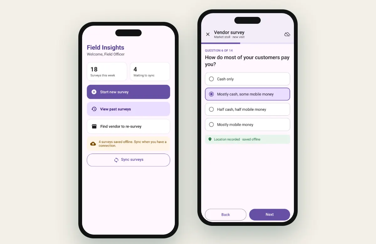 Field survey and market insights app screens