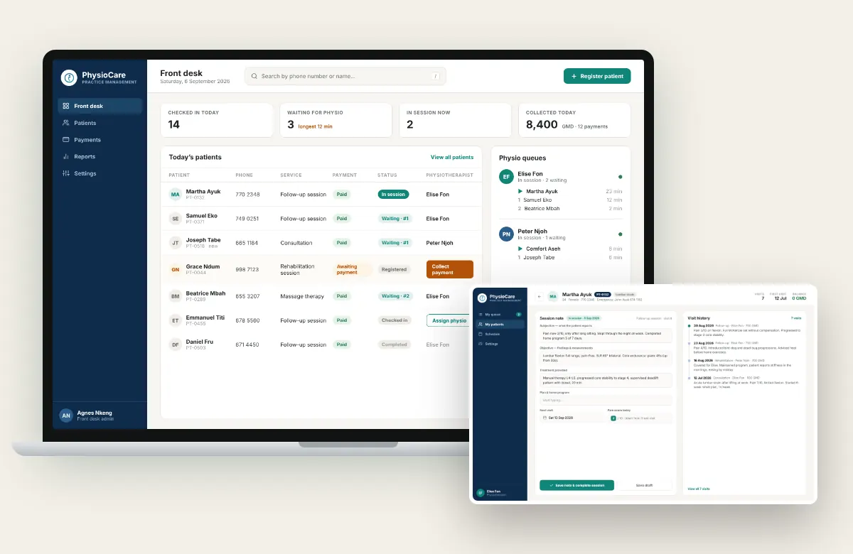 Physical therapy practice management screens